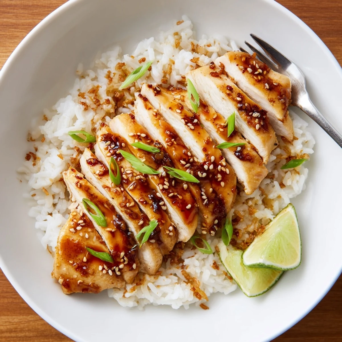 Plate of Spicy Maple Chicken And Coconut Rice topped with toasted sesame.