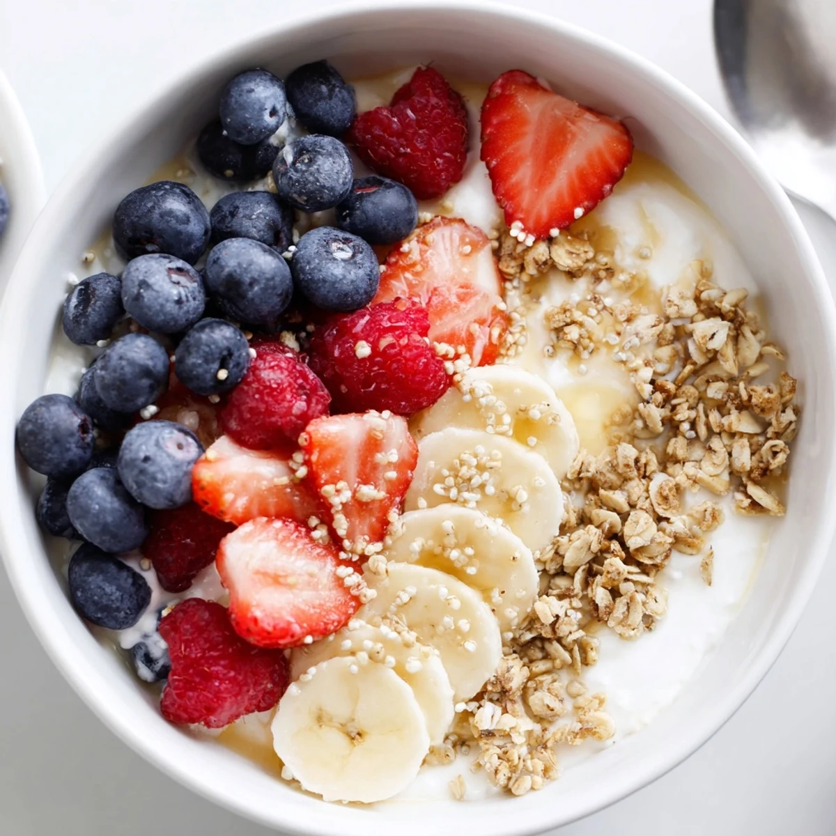 Creamy Cottage Cheese Breakfast Bowl topped with mixed berries, crunchy granola, honey drizzle