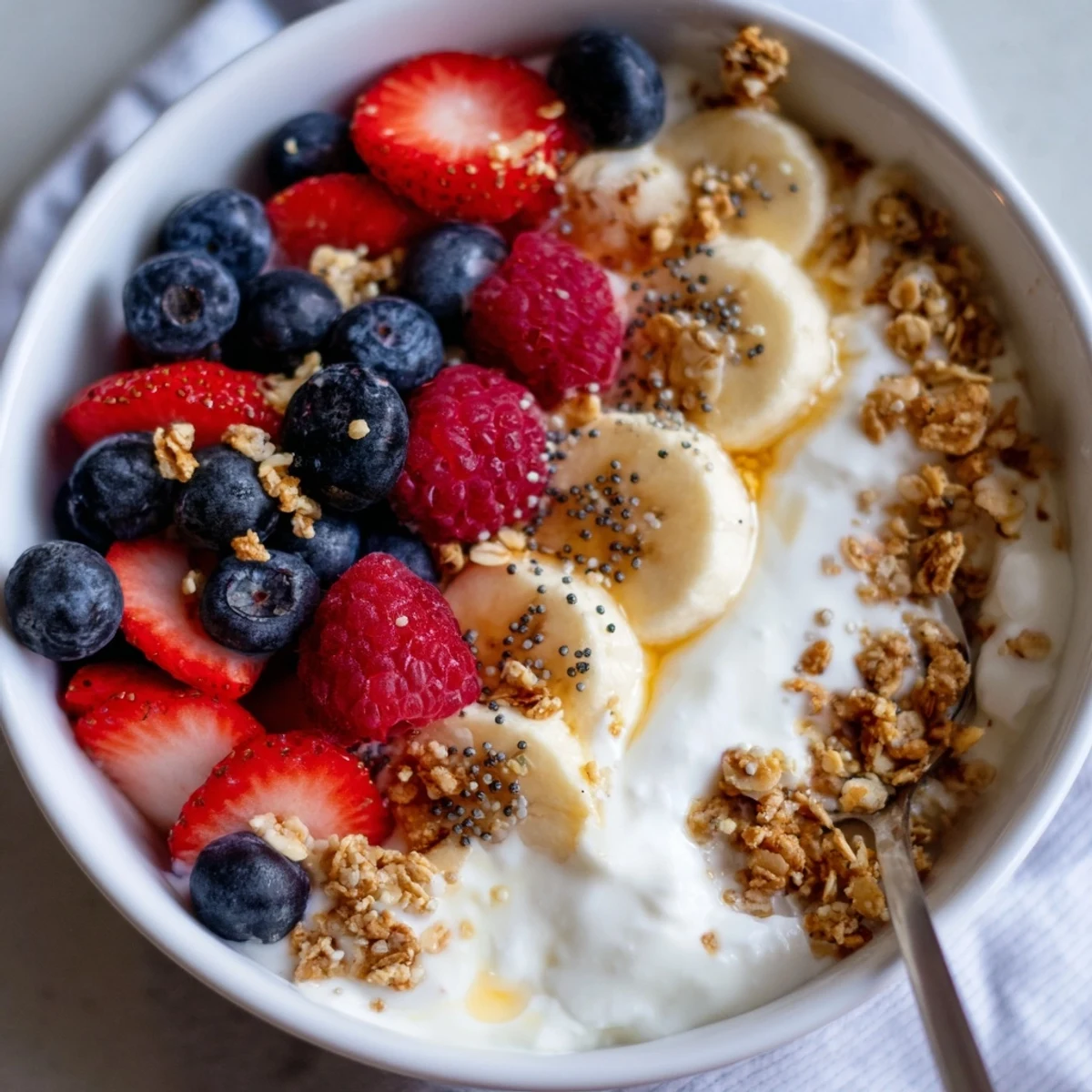 Bright Cottage Cheese Breakfast Bowl garnished with honey and fresh sliced banana
