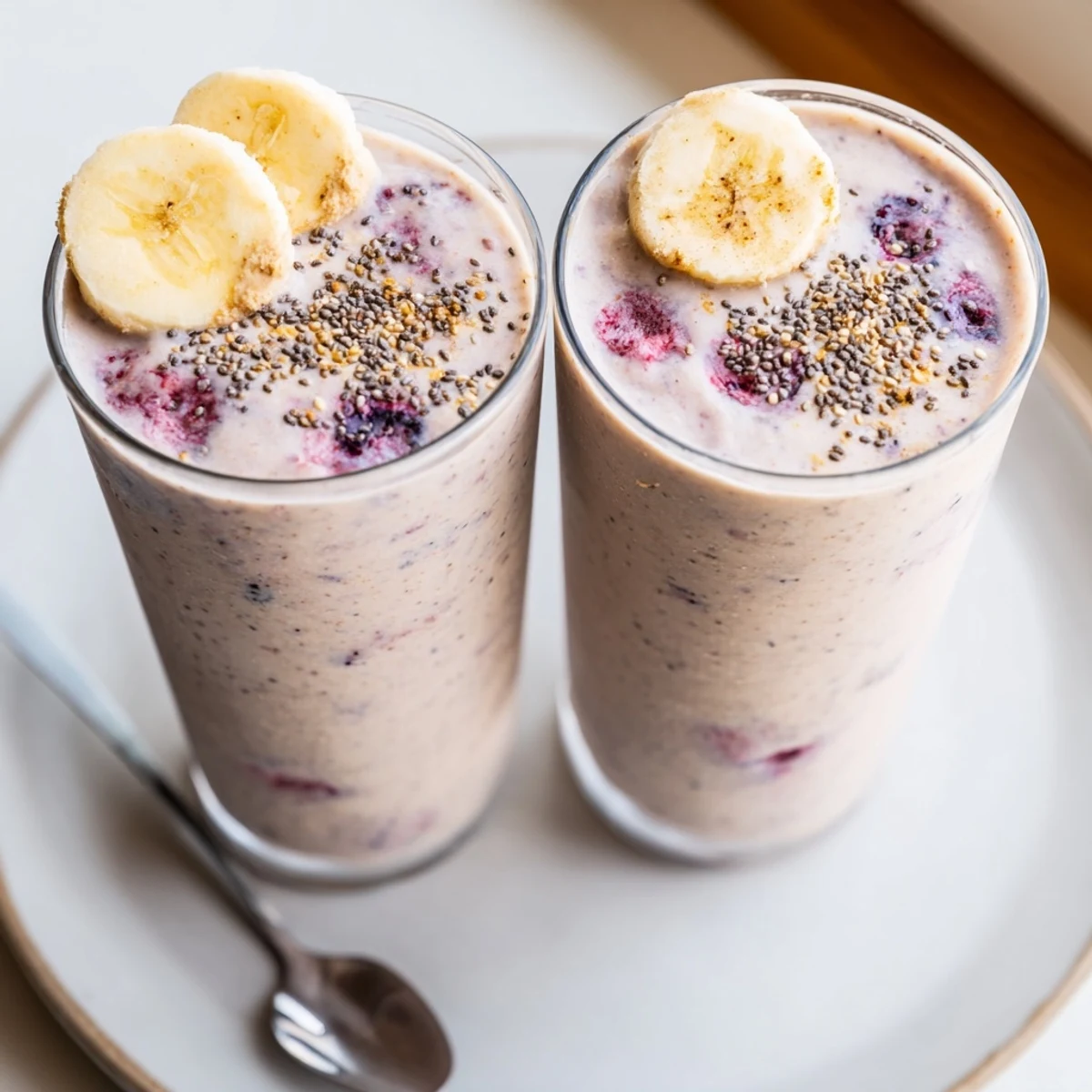 High Protein Smoothie in tall glass, creamy berry-banana texture topped with chia