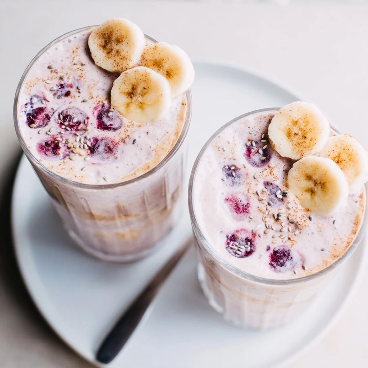 Cold High Protein Smoothie studded with frozen berries, banana, and maple sweetness