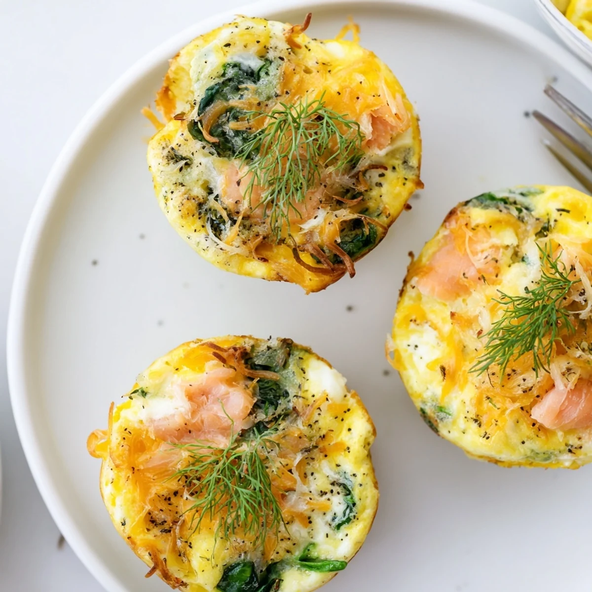 Smoked Salmon Egg Muffins with golden tops, tender centers, fresh dill garnish