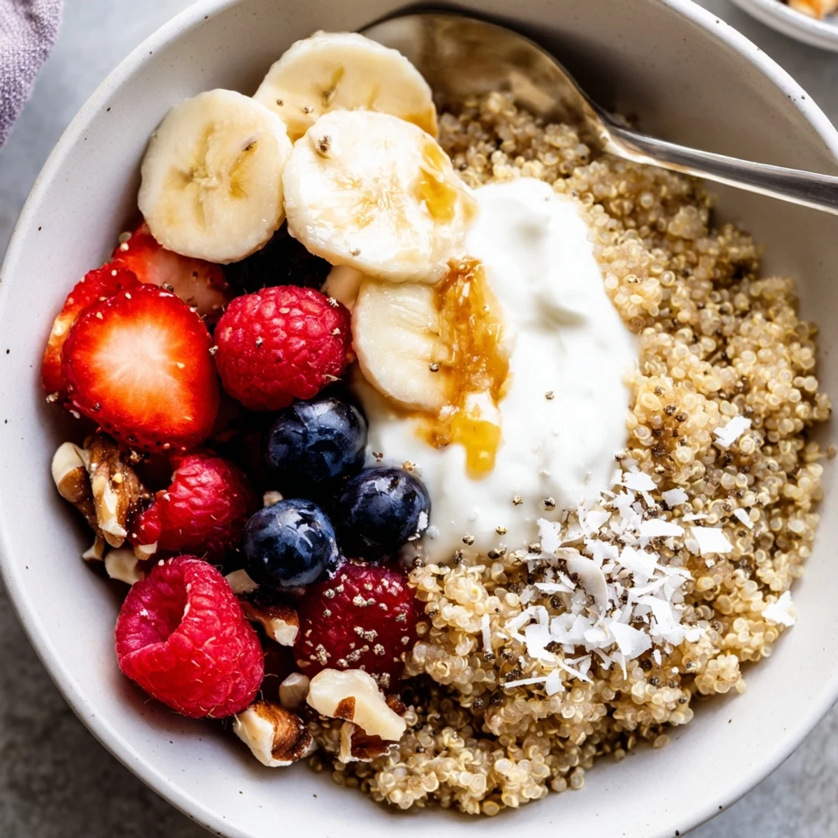 Quinoa Breakfast Bowl with fluffy grains, creamy yogurt, fresh berries, crunchy nuts