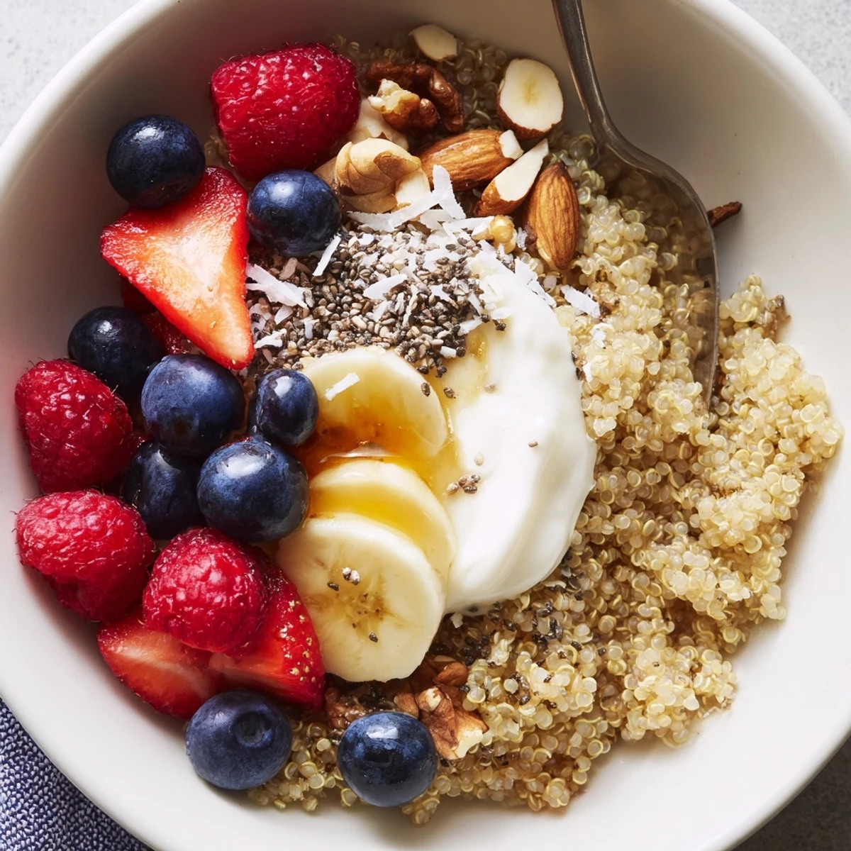 Protein packed Quinoa Breakfast Bowl garnished with chia seeds, blueberries, spoon ready