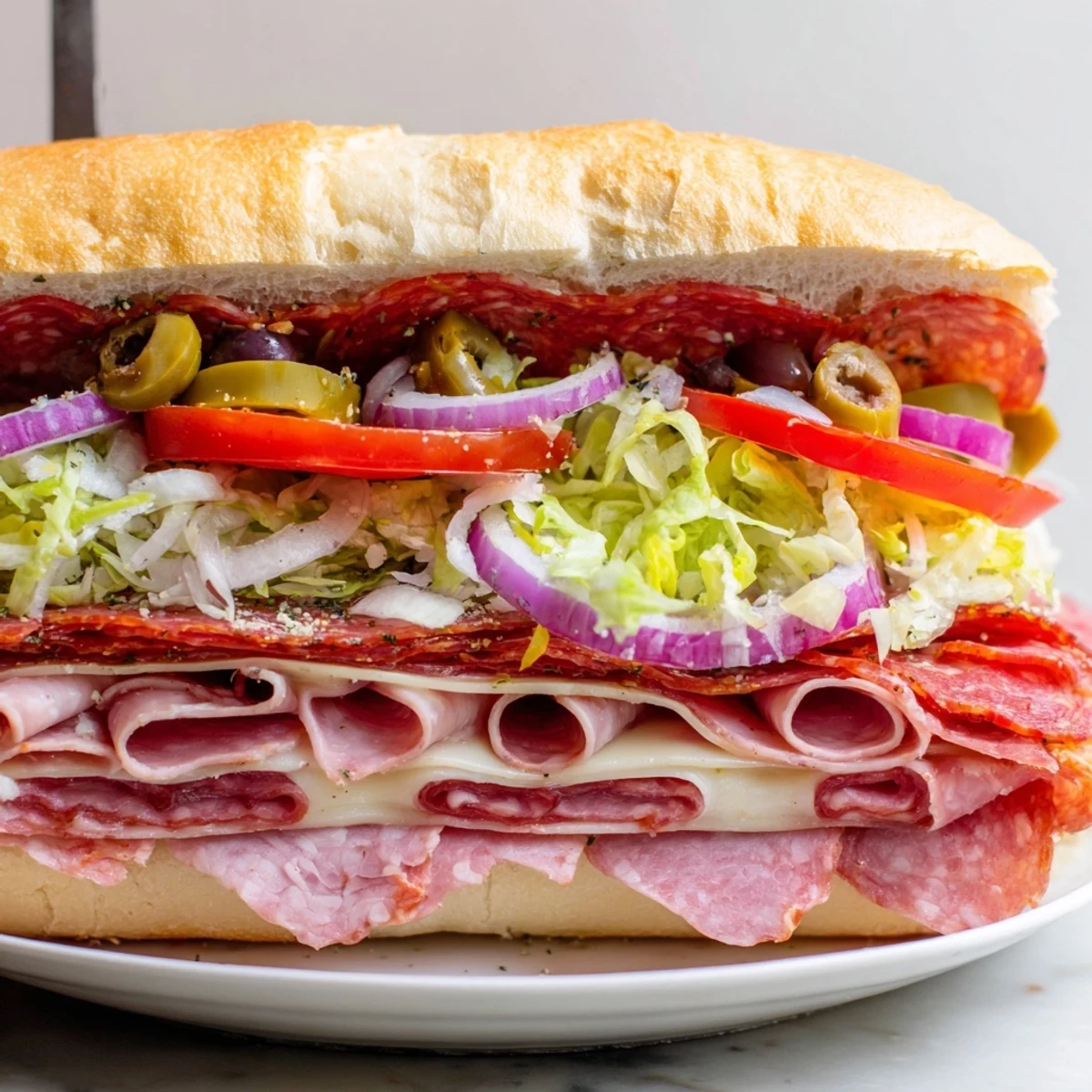 Italian Grinder Salad Sandwich piled high with meats, crisp lettuce, tangy dressing