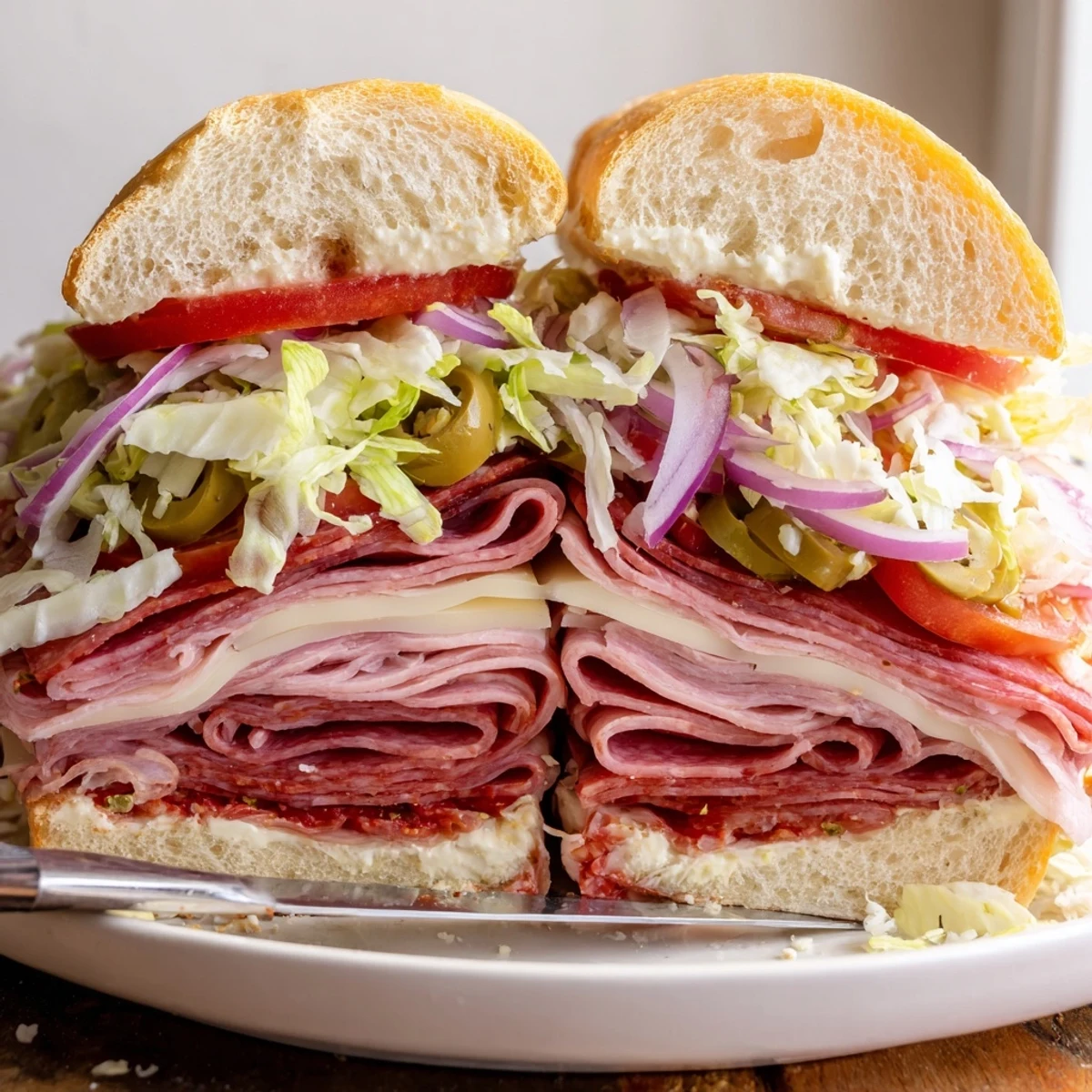 Stacked Italian Grinder Salad Sandwich on hoagie roll with pepperoncini, zesty bite