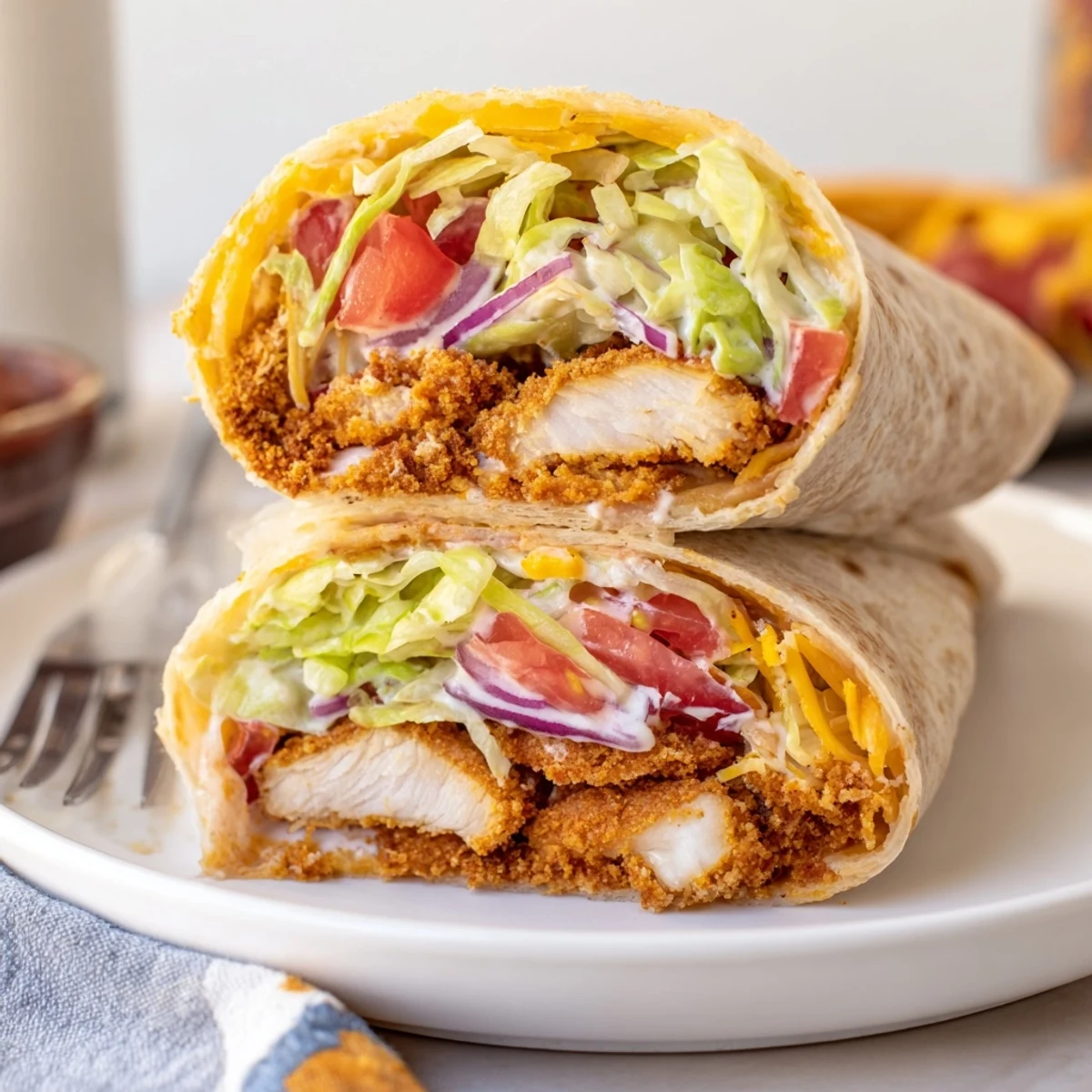 Crispy Chicken Ranch Wrap sliced in half, golden chicken, creamy ranch drizzling