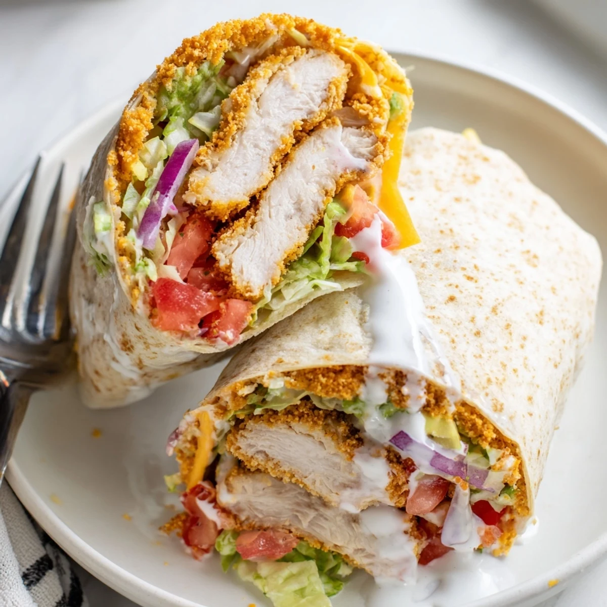 Crispy Chicken Ranch Wrap on cutting board, stuffed with tomato and cheddar