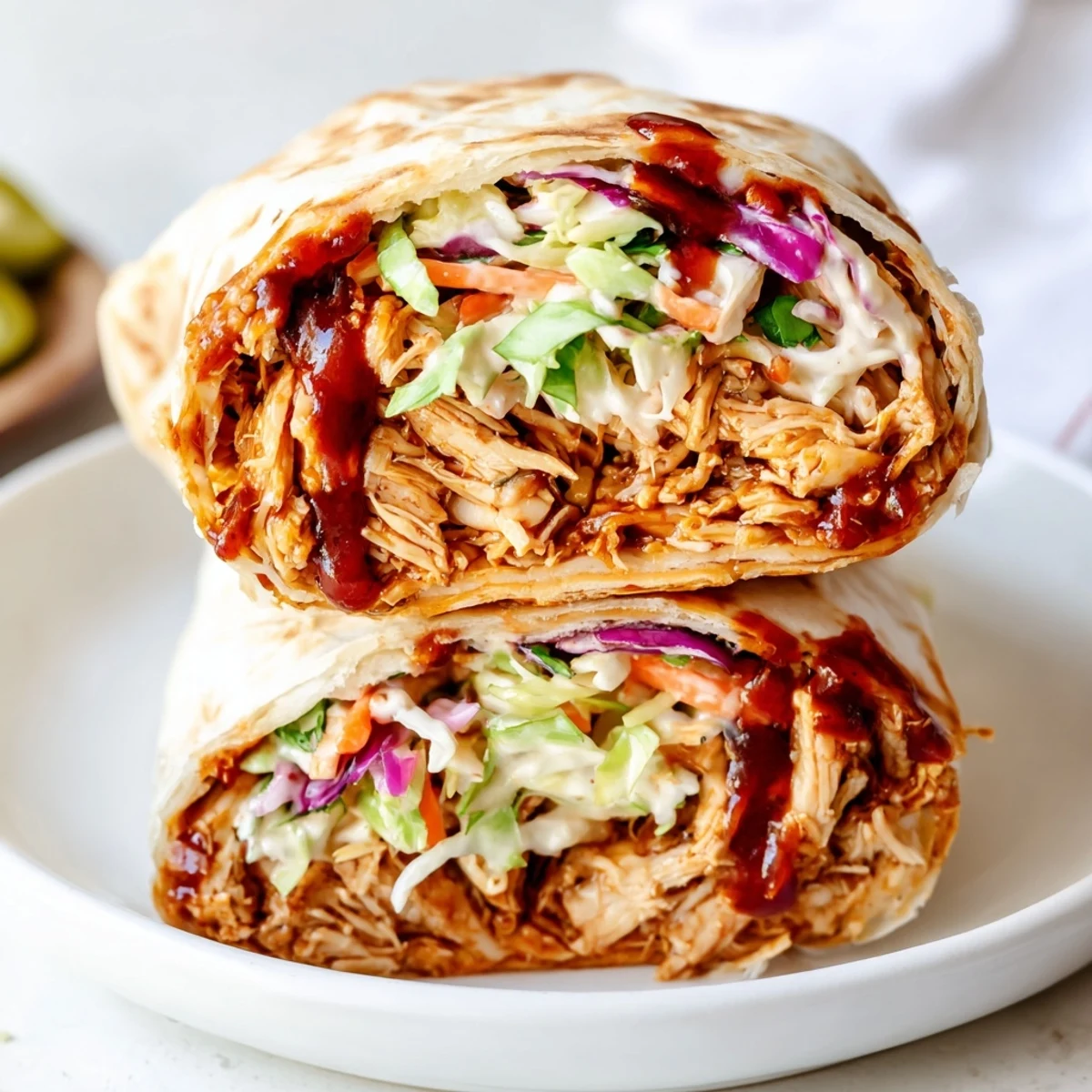 Handheld Bbq Chicken Coleslaw Wraps showing creamy slaw, juicy barbecue-sauced chicken