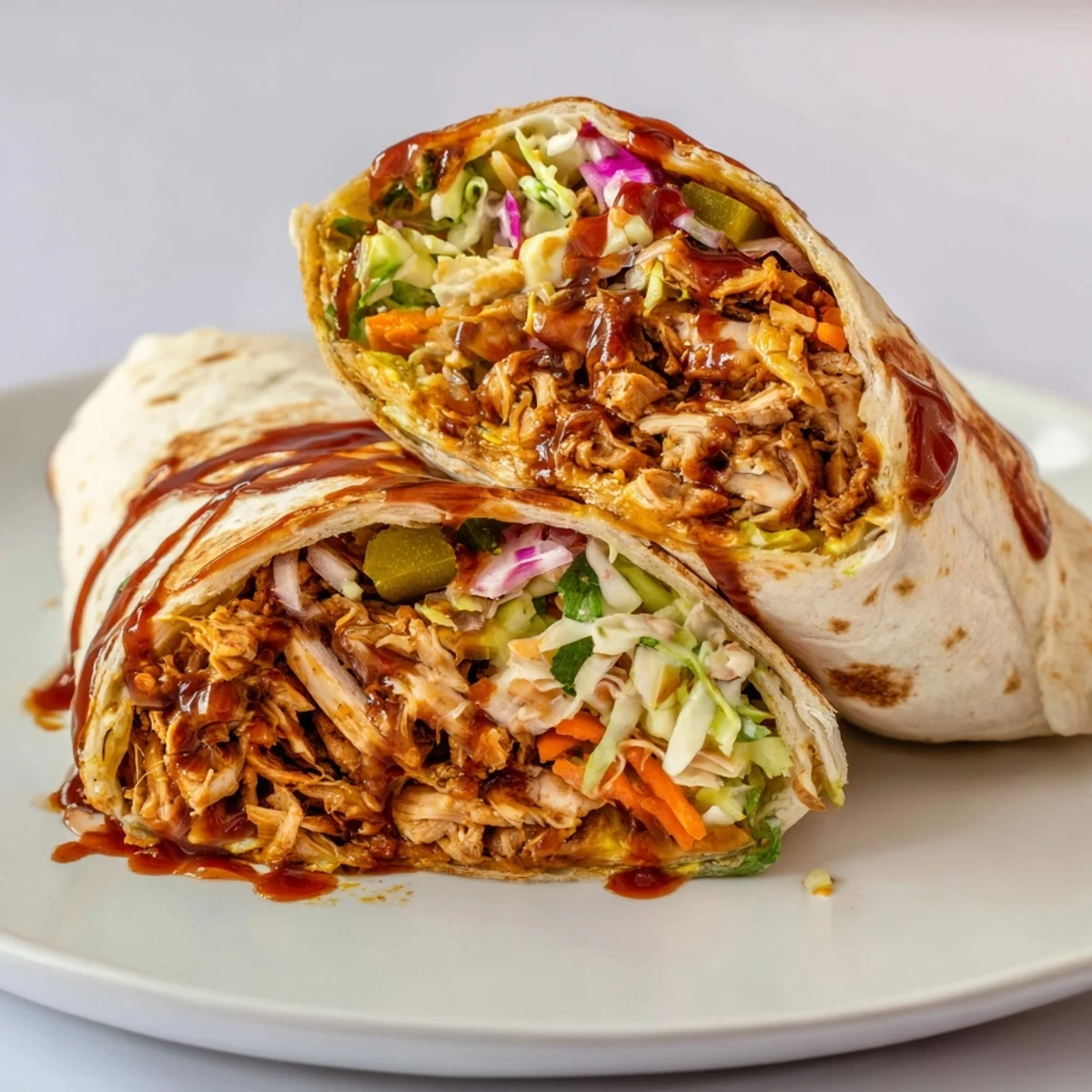 Bbq Chicken Coleslaw Wraps with smoky chicken and crisp, tangy slaw, halved