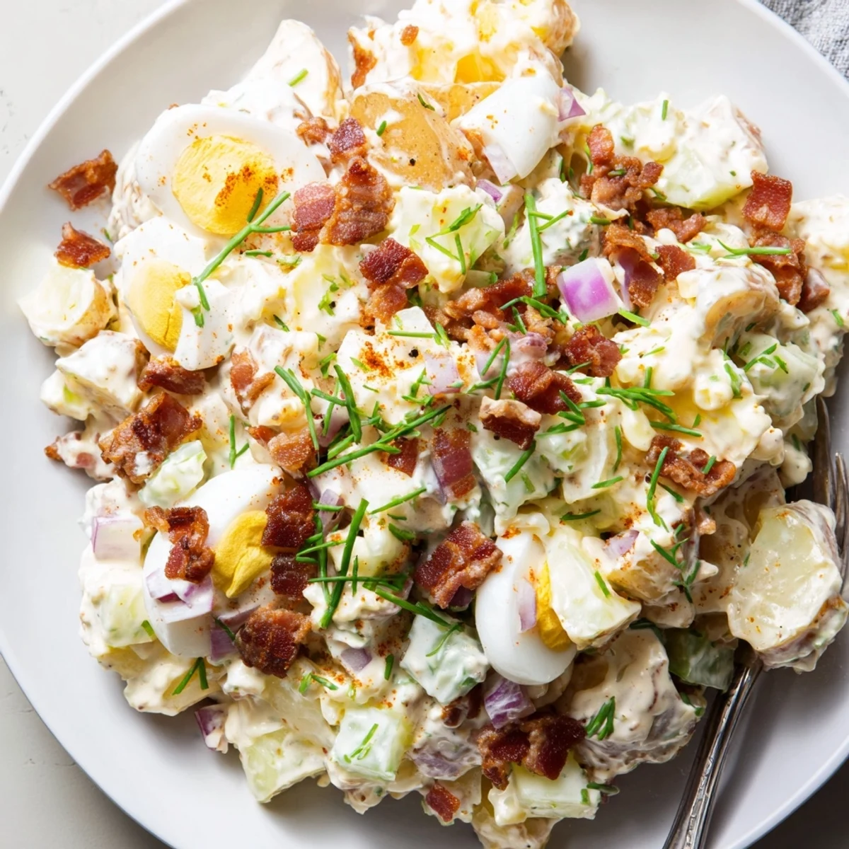 Creamy Steakhouse Potato Salad with crispy bacon, tangy pickles, chilled.