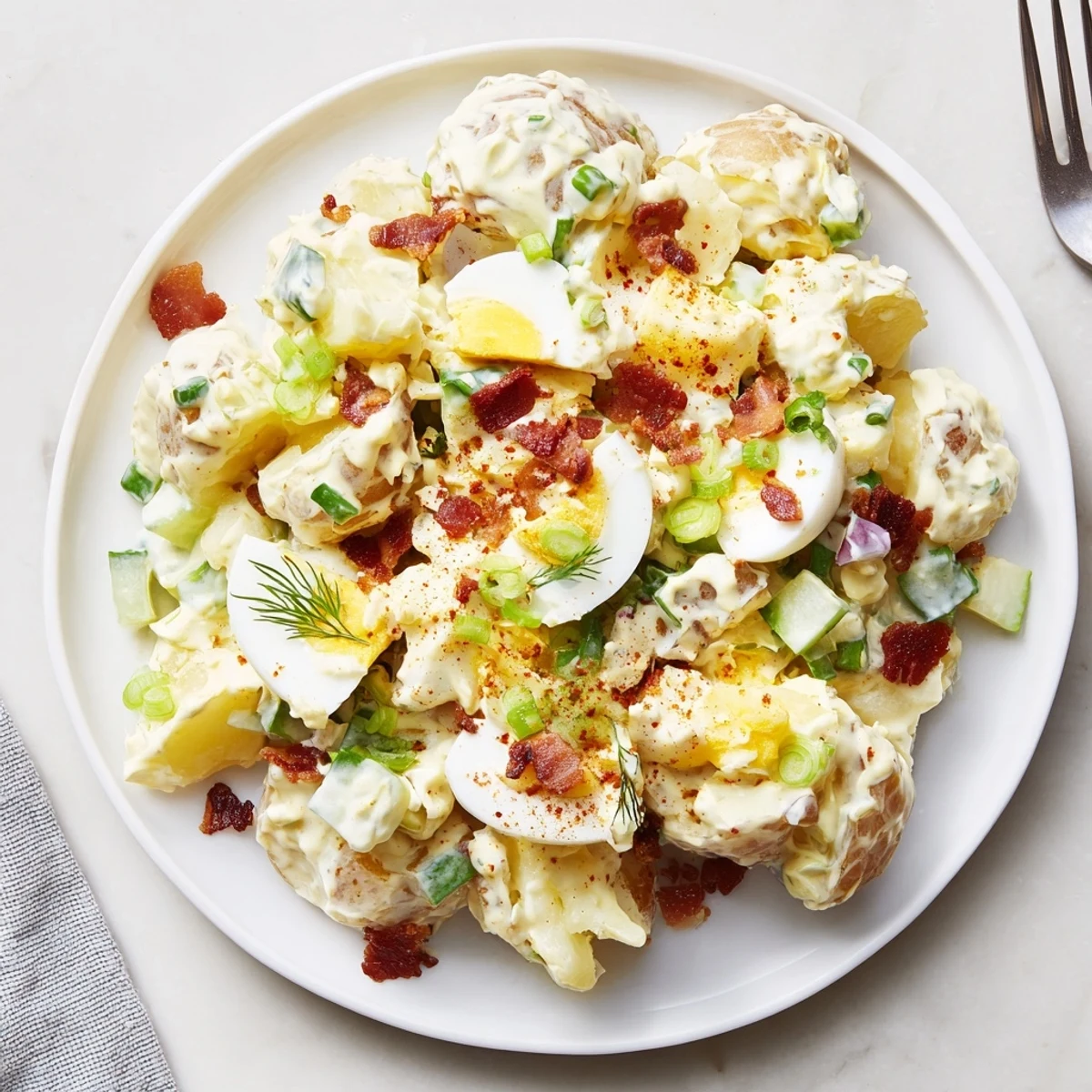 Hearty Steakhouse Potato Salad nestled beside grilled steak, creamy dressing glistening.