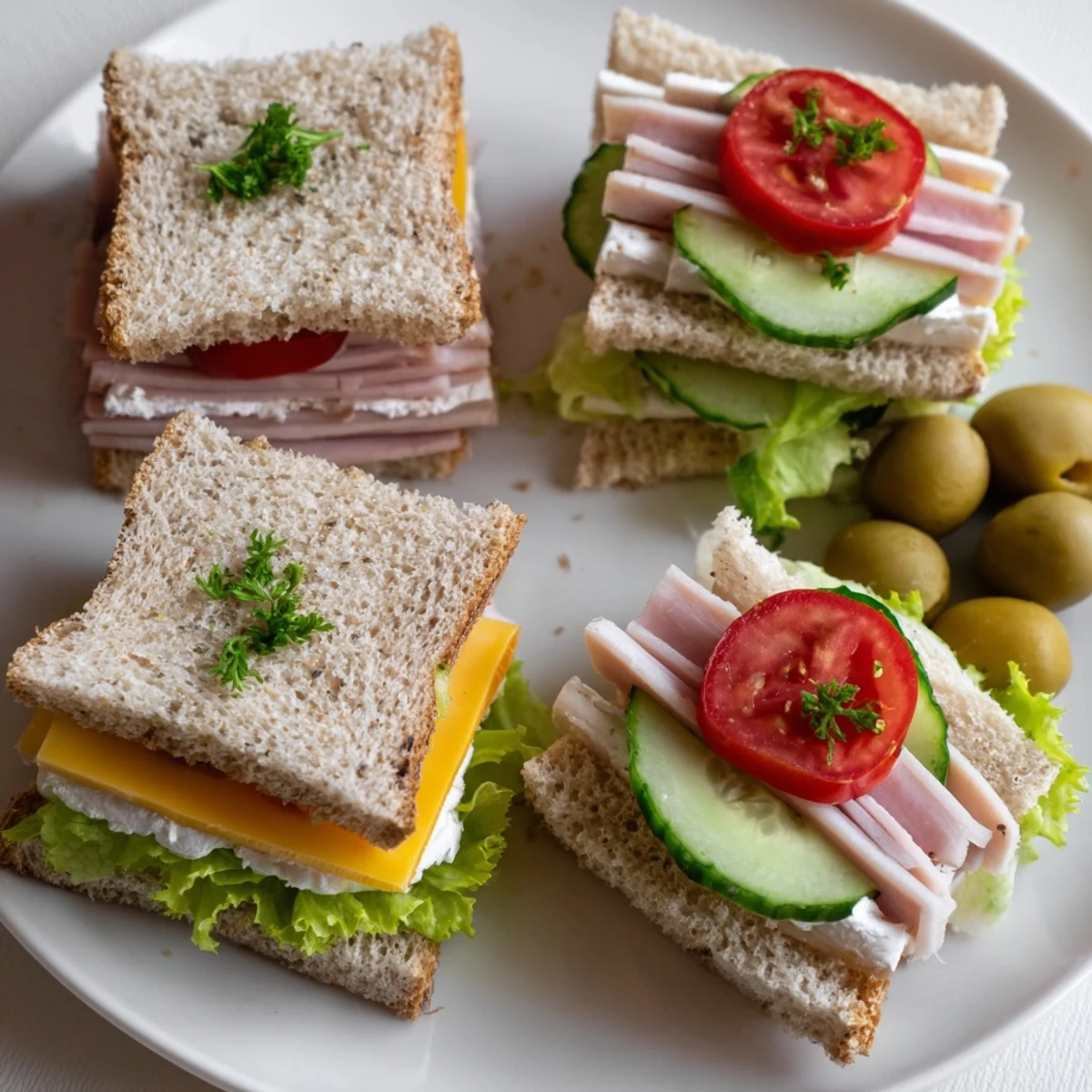 Mini Sandwiches arranged on a platter, soft bread, crisp cucumber slices.