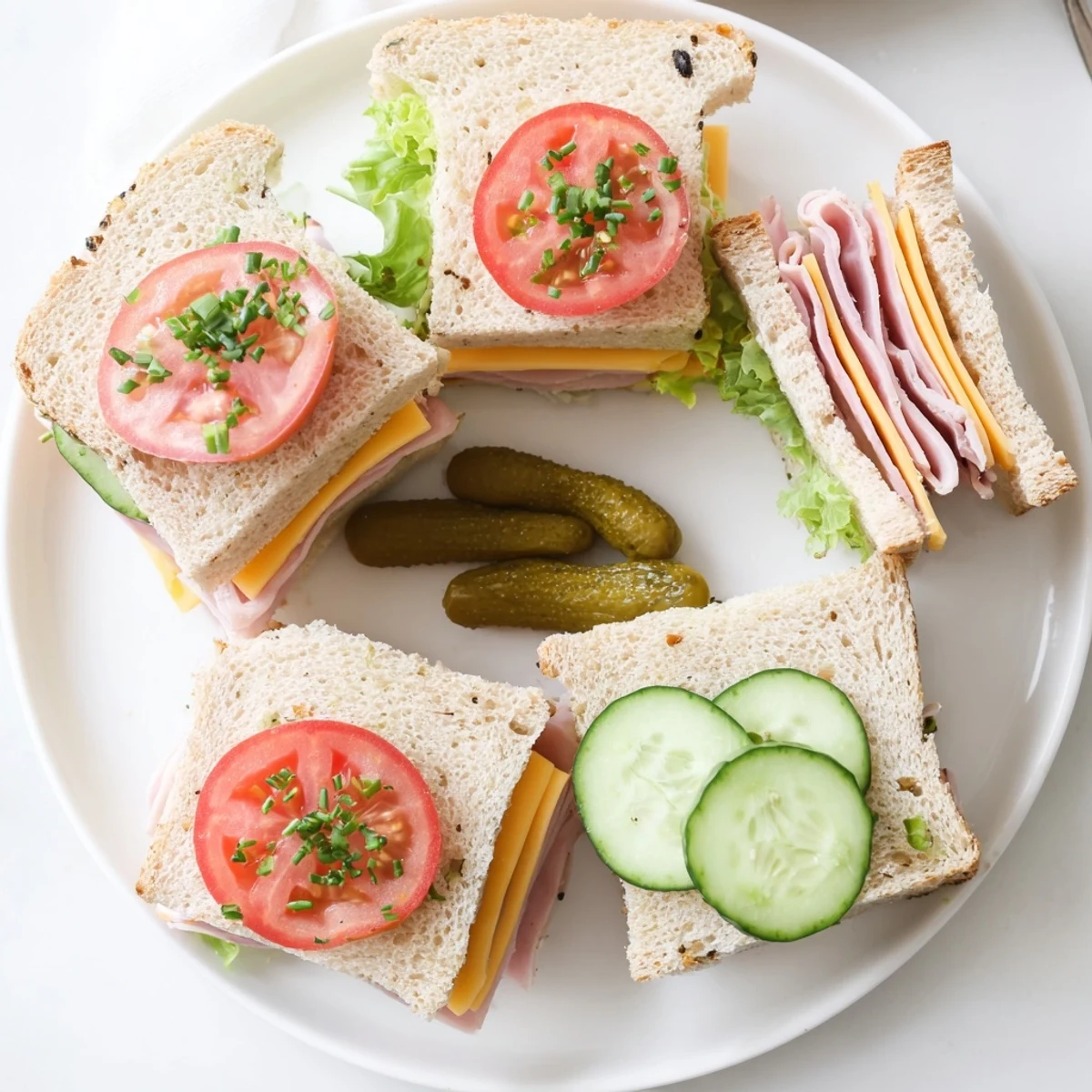 Close-up of Mini Sandwiches quartered into triangles, cheddar, tomato, garnish.