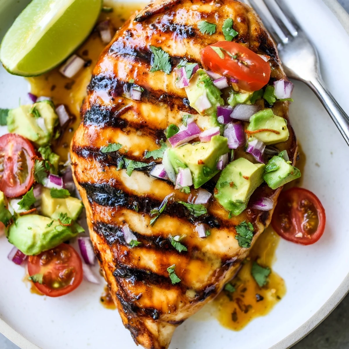 Skewered and charred Fiesta Lime Chicken With Avocado served alongside warm corn tortillas  