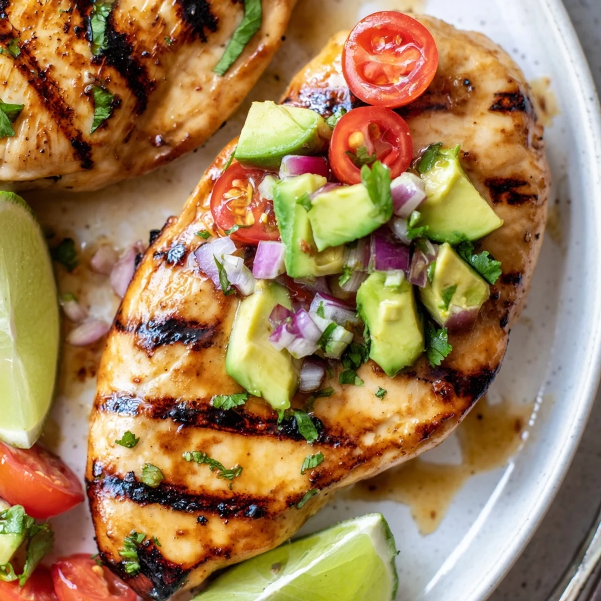 Grilled Fiesta Lime Chicken With Avocado topped with chunky tomato-cilantro salsa  