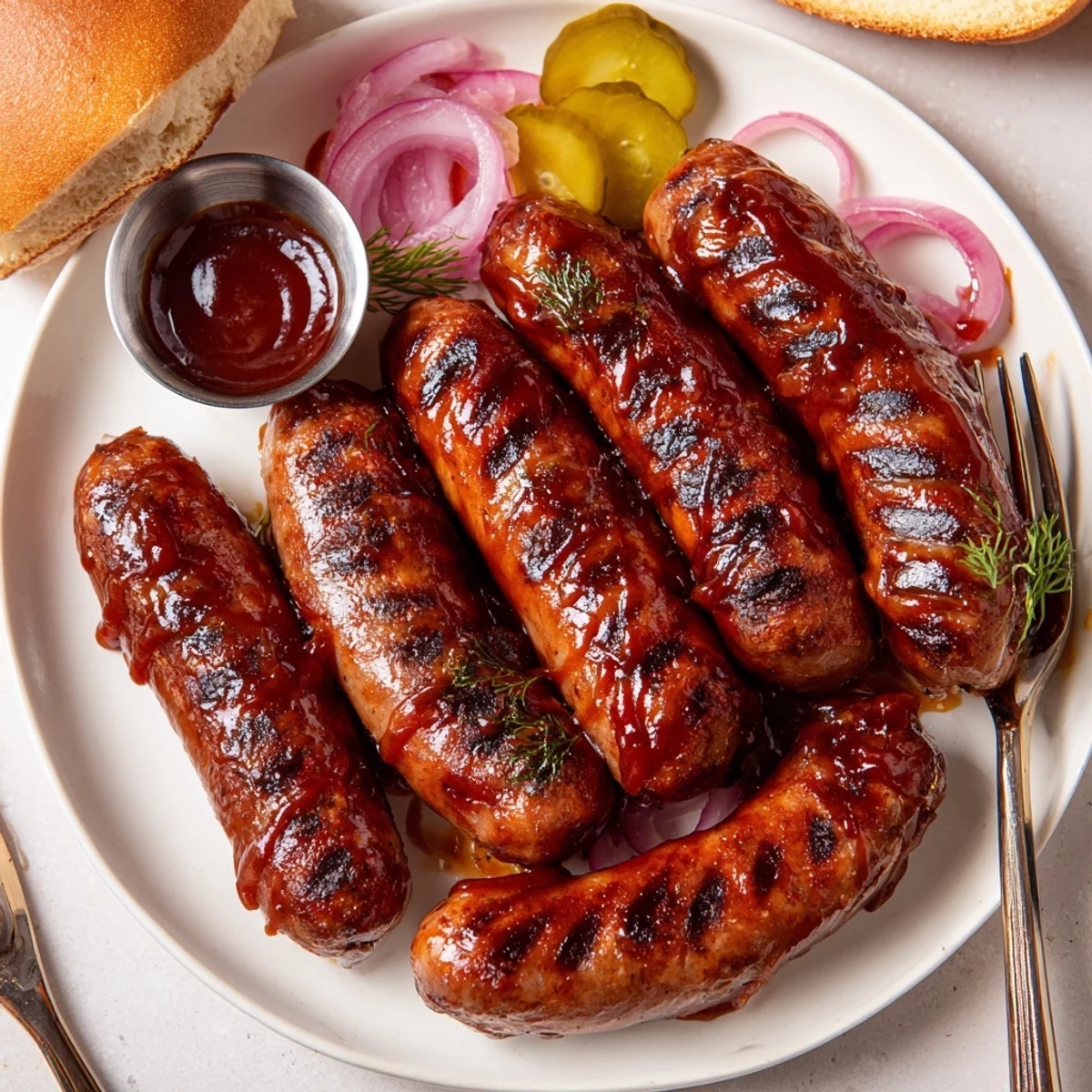 Grilled, caramelized BBQ Sausage Recipe on a bun with tangy slaw