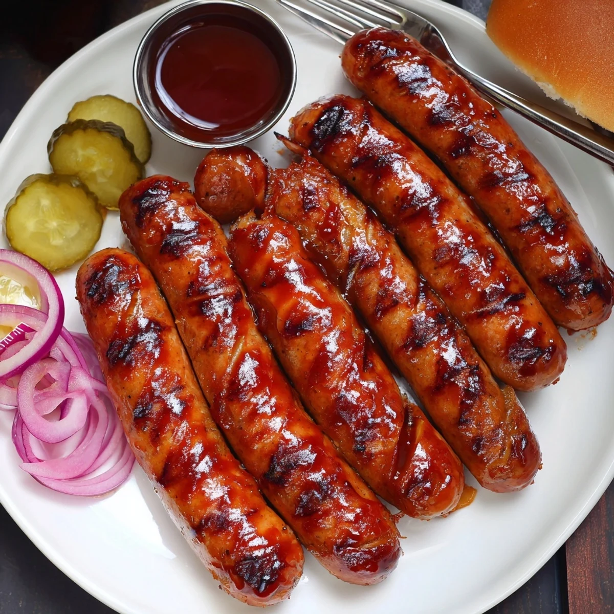 Sizzling BBQ Sausage Recipe served with buttered corn and creamy potato salad