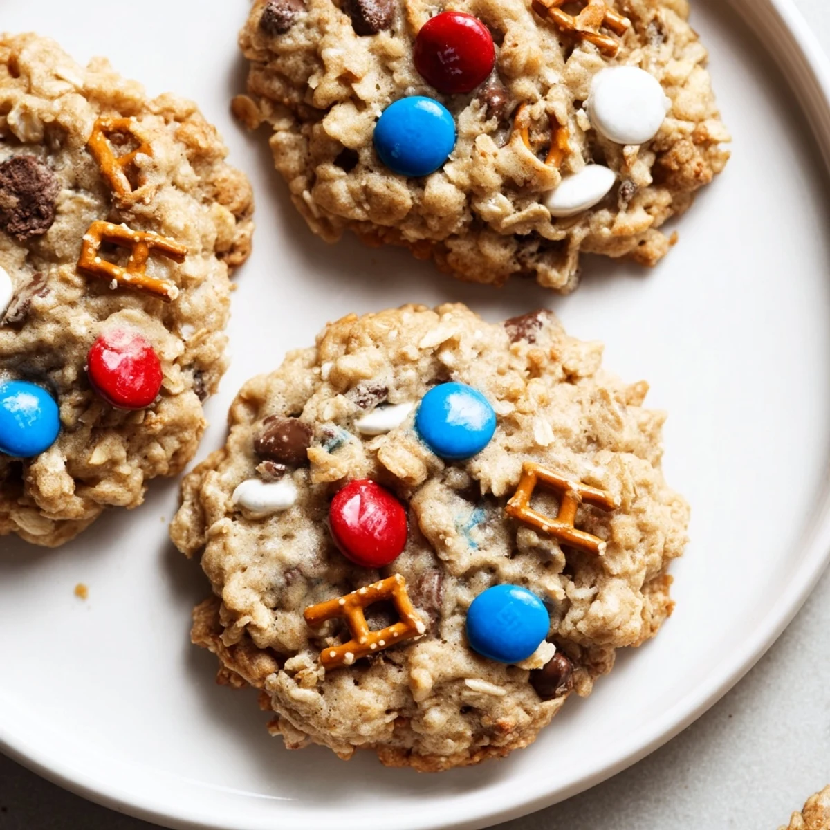 Fresh baked Patriotic Monster Cookies Recipe with chewy centers and colorful candy