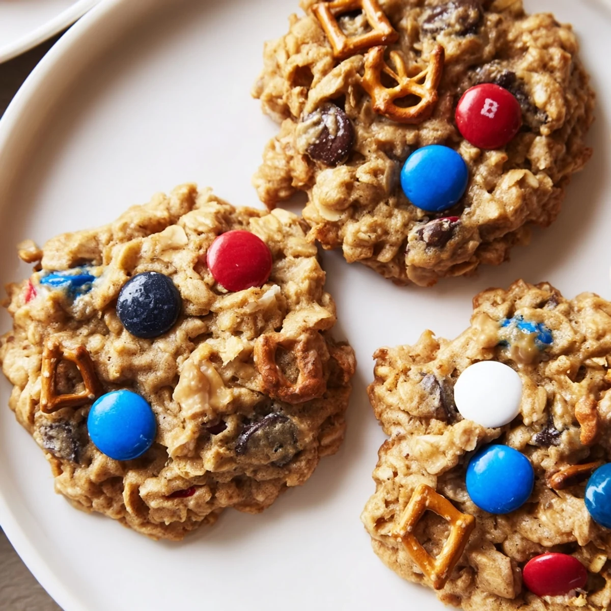 Patriotic Monster Cookies Recipe cooling on wire rack, warm peanut butter aroma