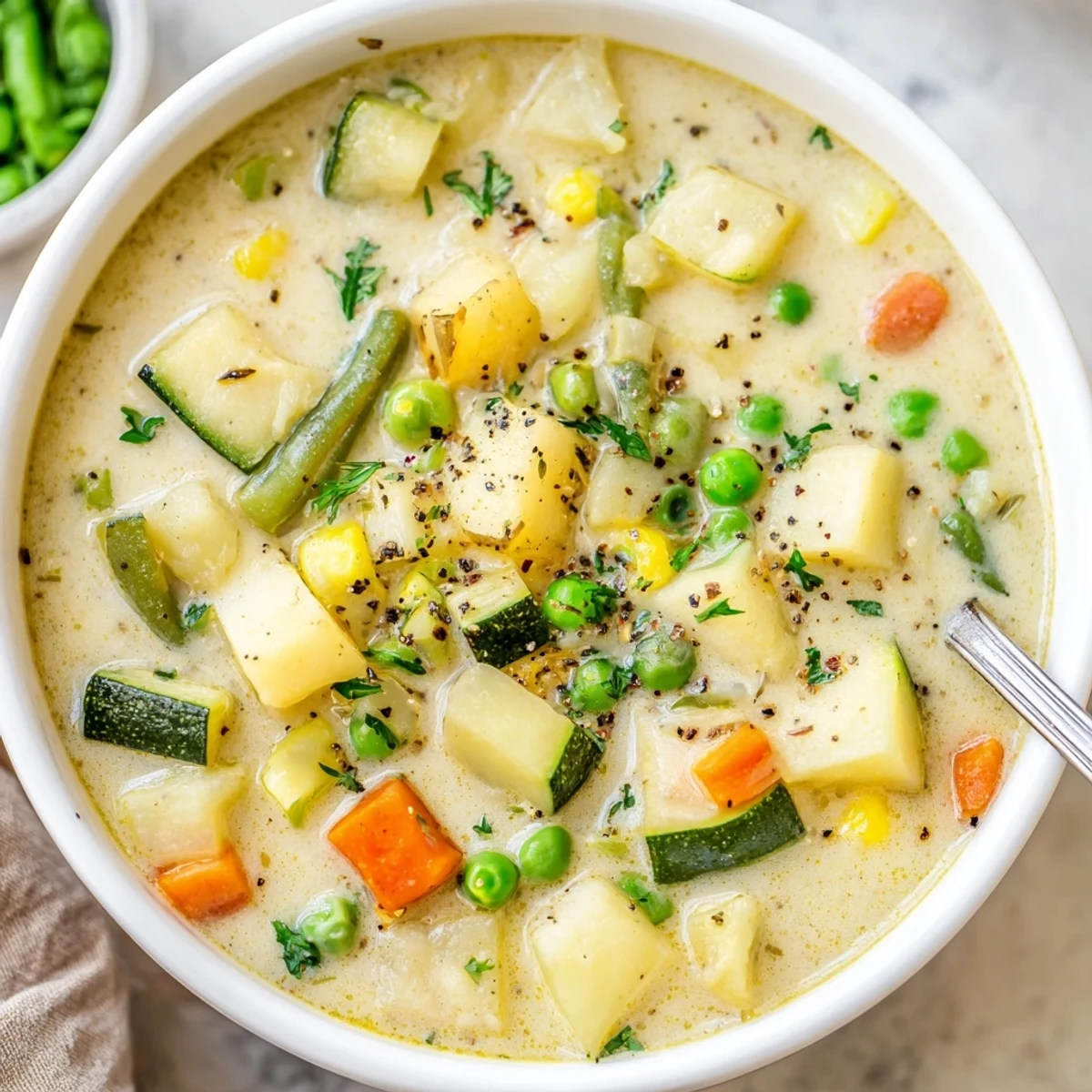 Creamy Vegetable Soup Recipe with diced vegetables visible, warm spoonful comforts