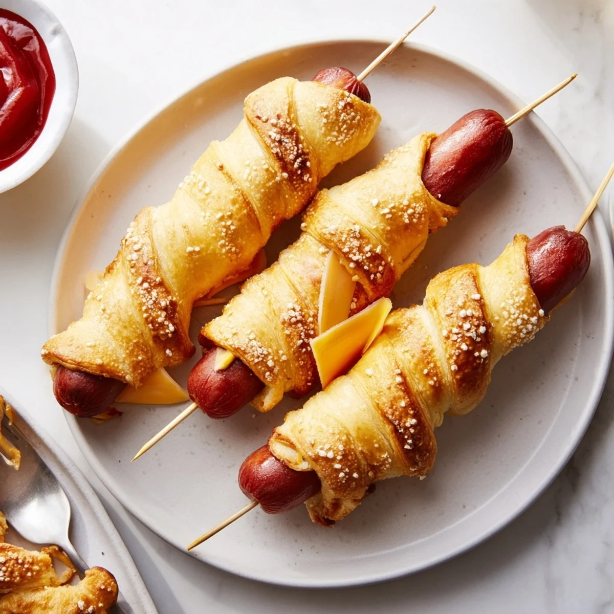 Golden baked Firecracker Hot Dogs wrapped in buttery crescent dough, served warm