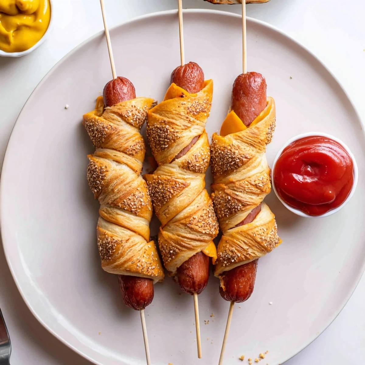 Crispy edges and melted cheddar in Firecracker Hot Dogs with ketchup