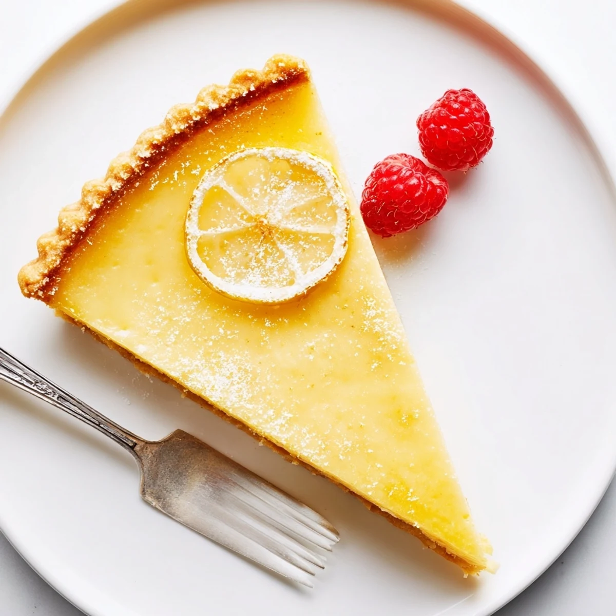 Fork-ready slice of Creamy Lemon Tart Recipe, tangy filling, crisp golden crust
