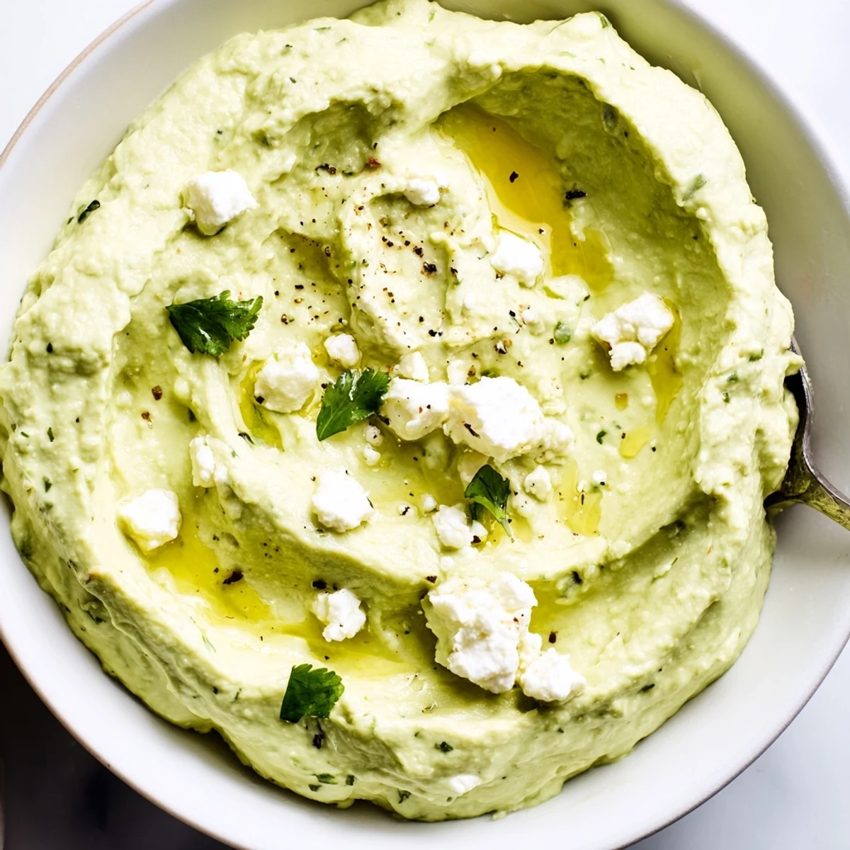 Creamy Avocado Feta Dip in bowl, drizzled olive oil, pita chips.