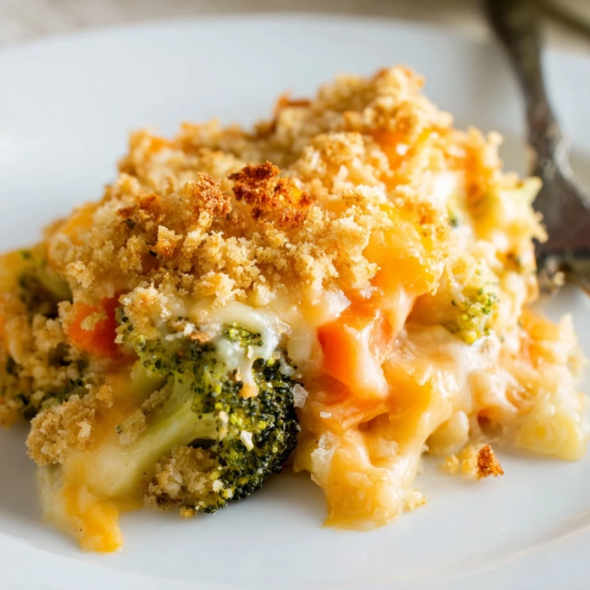 Golden topped Cheese Bake Broccoli Carrots, creamy cheddar, steaming in baking dish