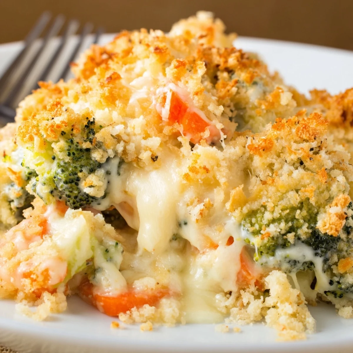 Cheese Bake Broccoli Carrots served warm beside roasted chicken, crunchy breadcrumb topping