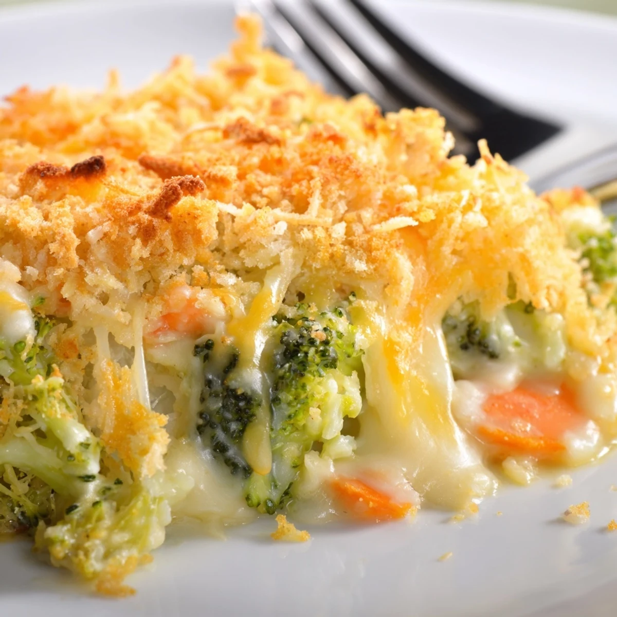Steaming casserole of Cheese Bake Broccoli Carrots, tender florets and buttery sauce