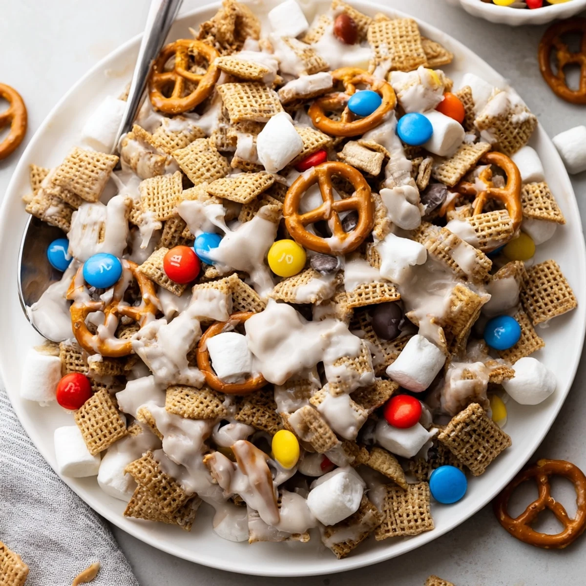 White Trash Snack Mix glistening in white chocolate, crunchy, sweet-and-salty handful.