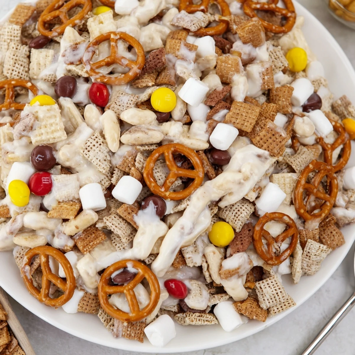Bowl of White Trash Snack Mix ready for movie night, melty white coating.