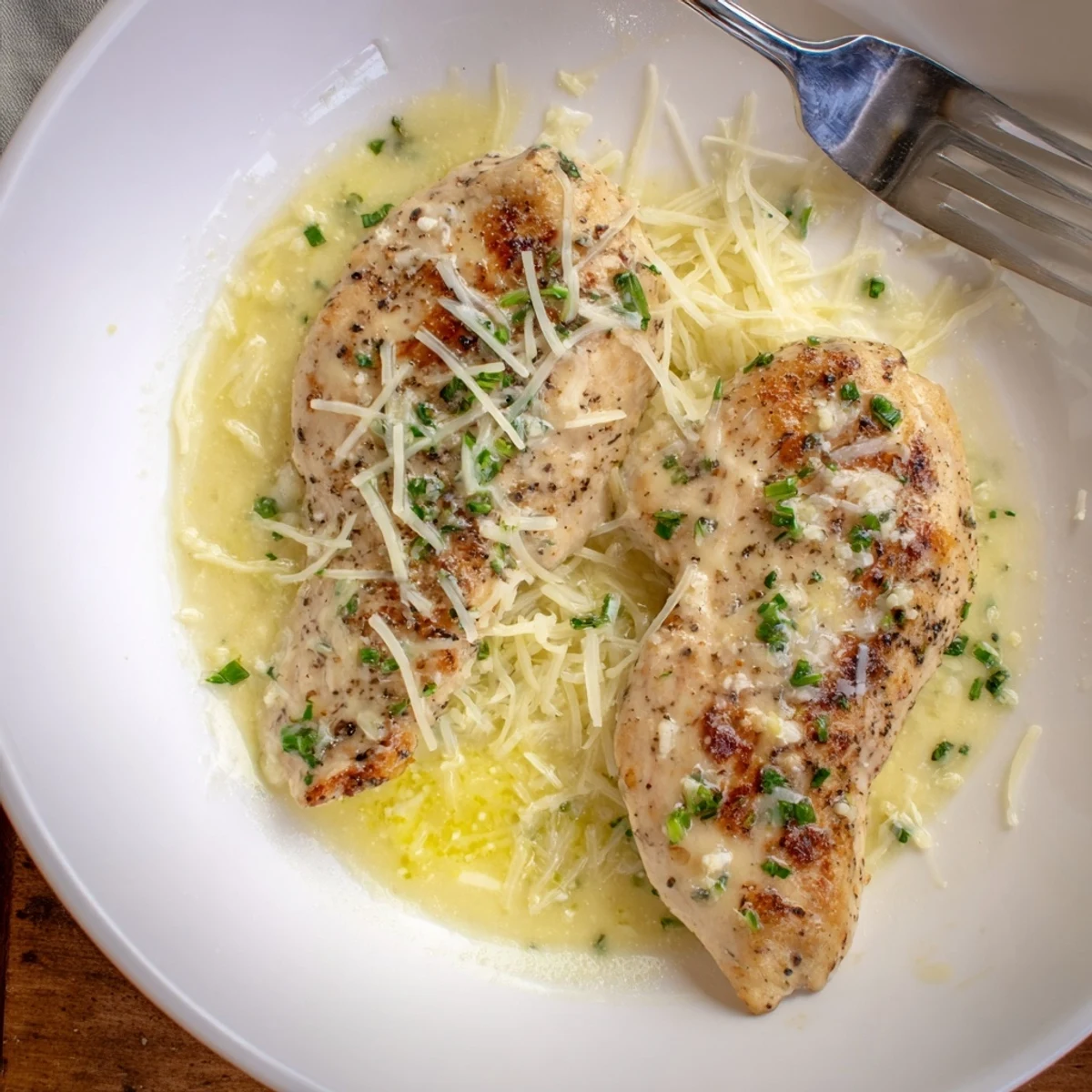 Oven baked Chicken With Cheese Sauce topped with golden melted cheddar  