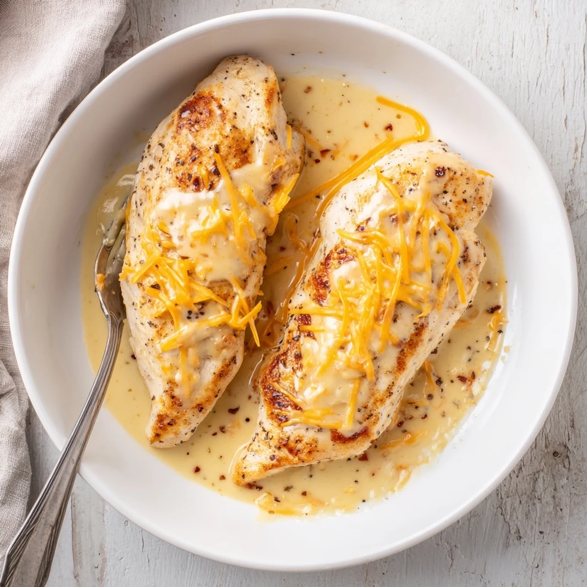 Juicy Chicken With Cheese Sauce drizzled over breasts, silky cheddar aroma  