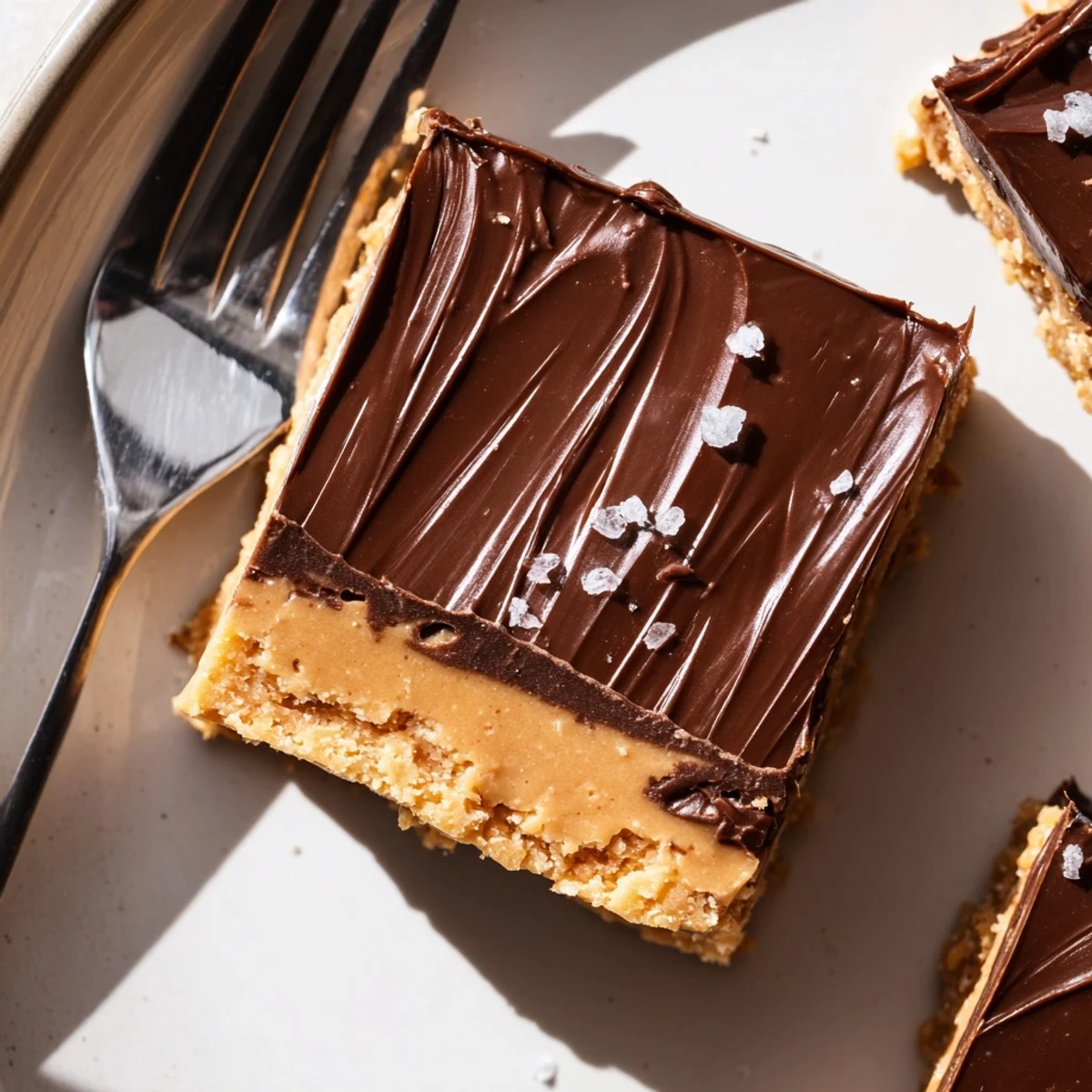 Tray of No Bake Peanut Butter Bars cut into squares, sprinkled with sea salt.
