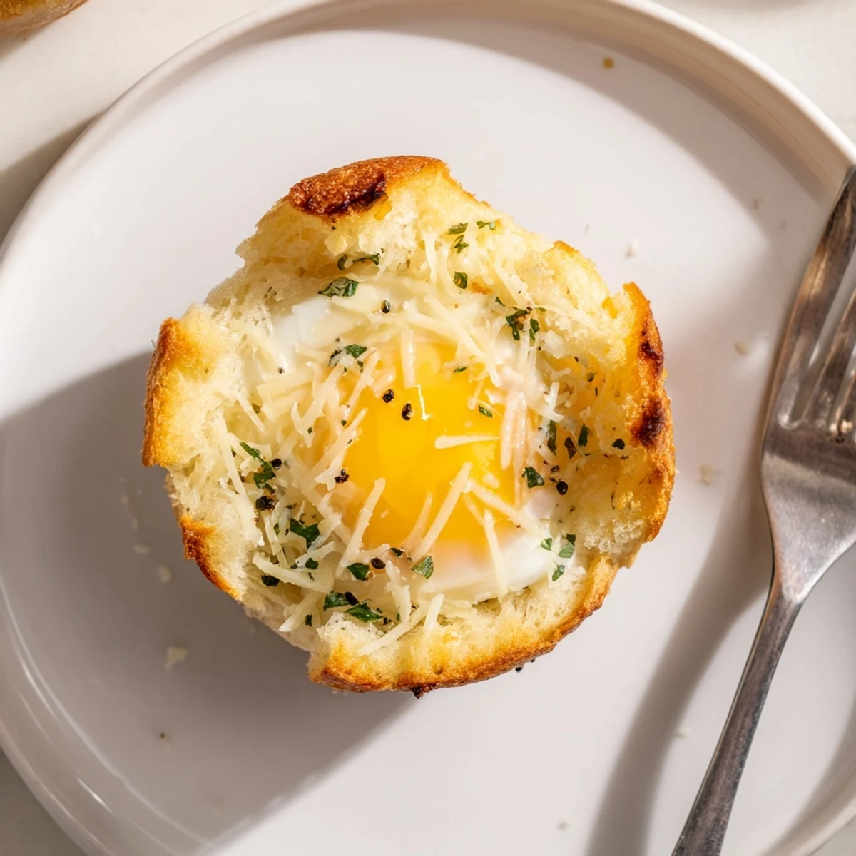 Fresh baked Lazy Garlic Bread Egg Cups served with fruit and crisp greens