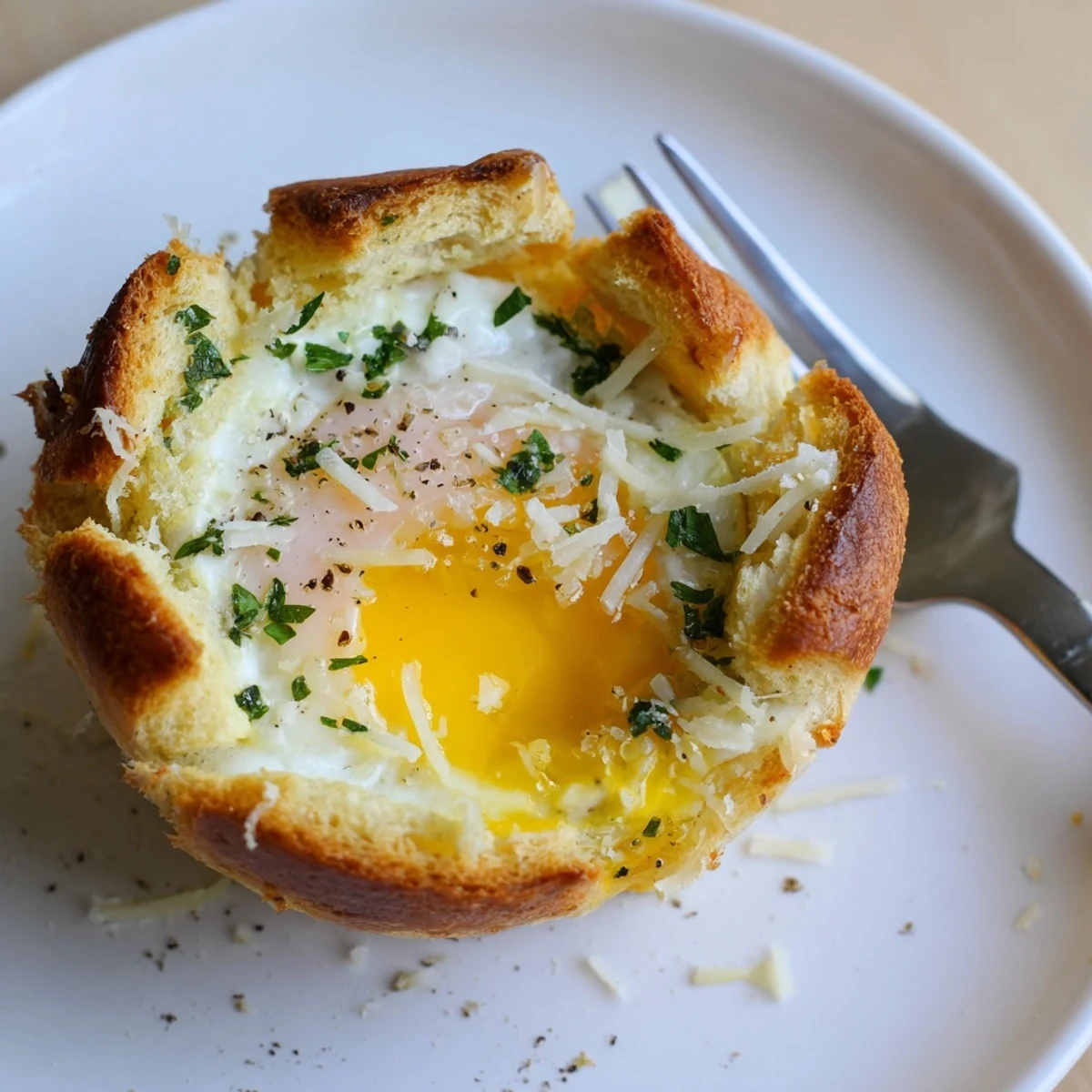 Warm Lazy Garlic Bread Egg Cups nestled in muffin tin, parsley garnish