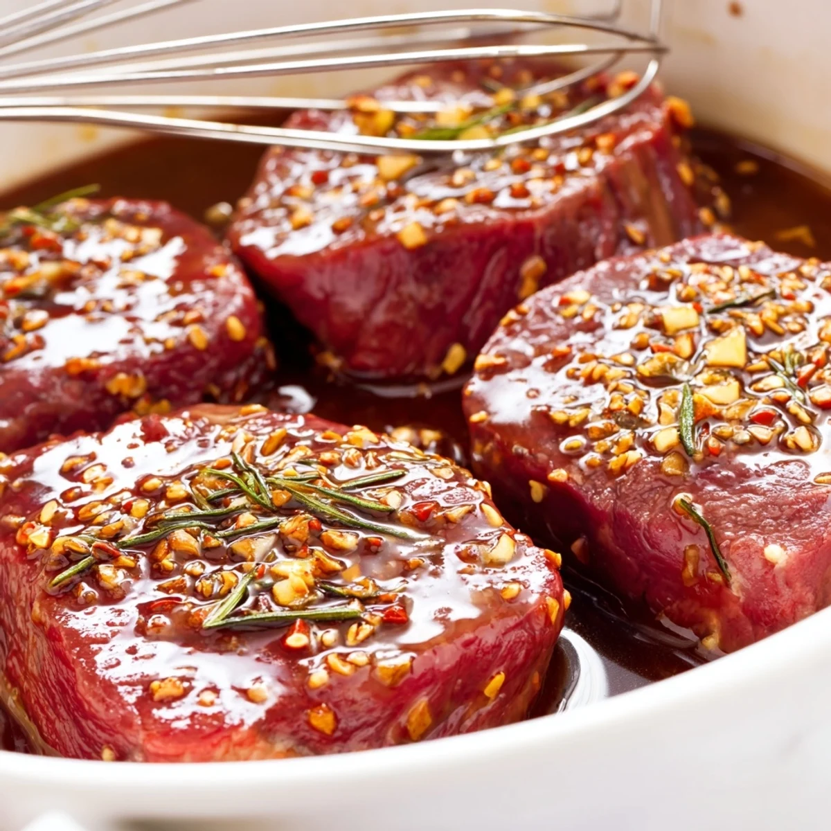 Steak Marinade glistening in bowl with minced garlic, lemon zest, and rosemary.
