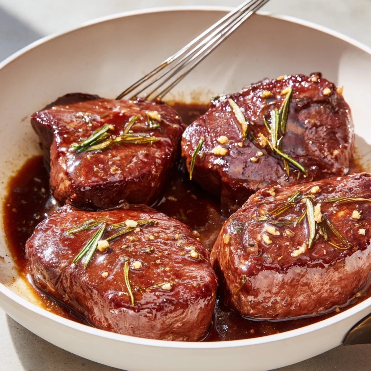 Homemade Steak Marinade poured over ribeye, glossy brown sauce, citrus brightness.