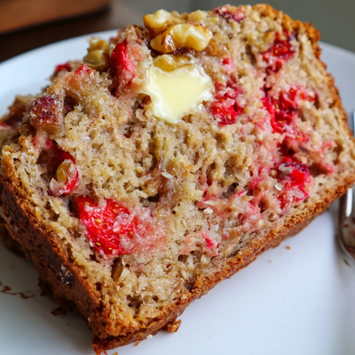 Strawberry Banana Bread glistening with warm butter, sliced on cooling rack