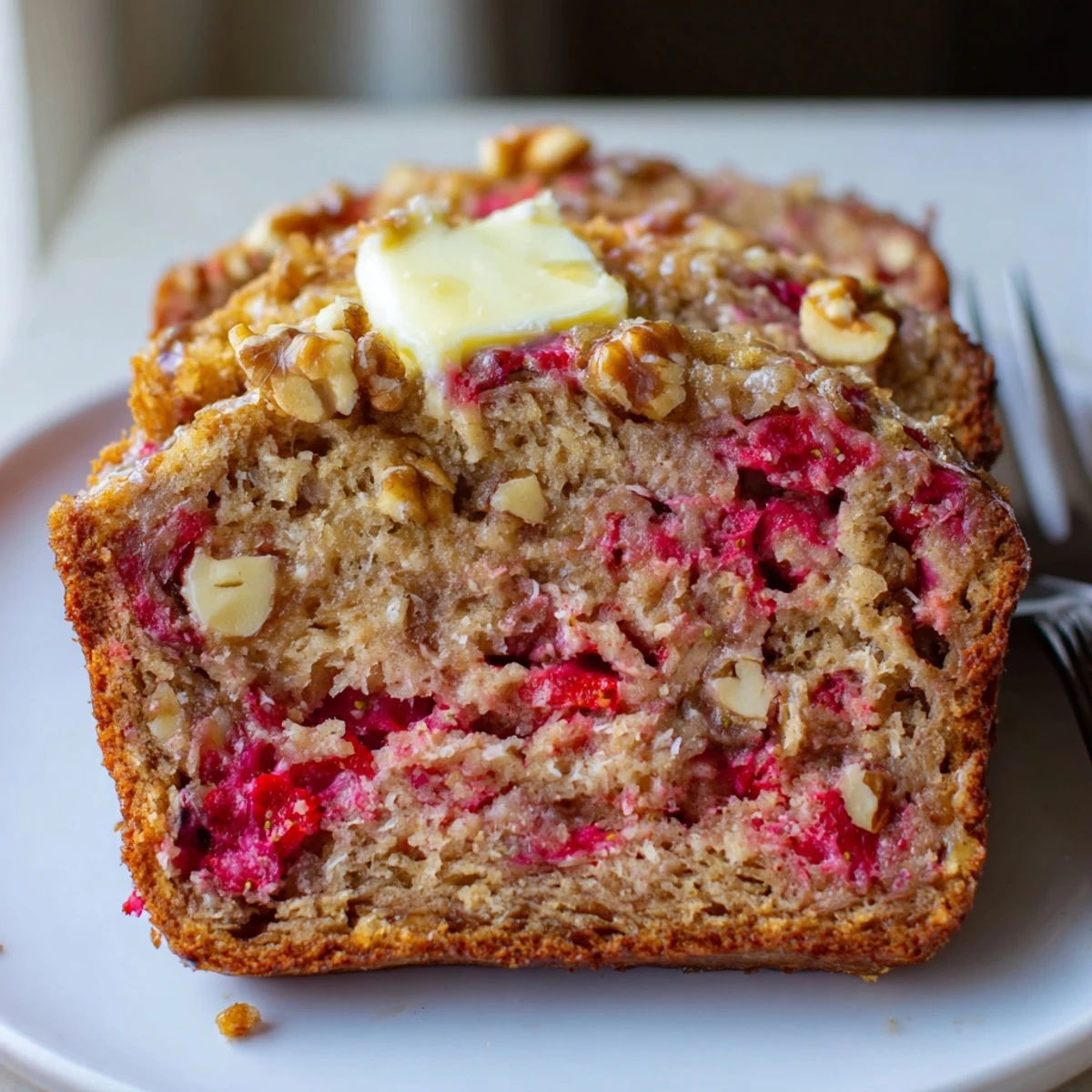 Fresh-baked Strawberry Banana Bread studded with diced strawberries, aroma of vanilla