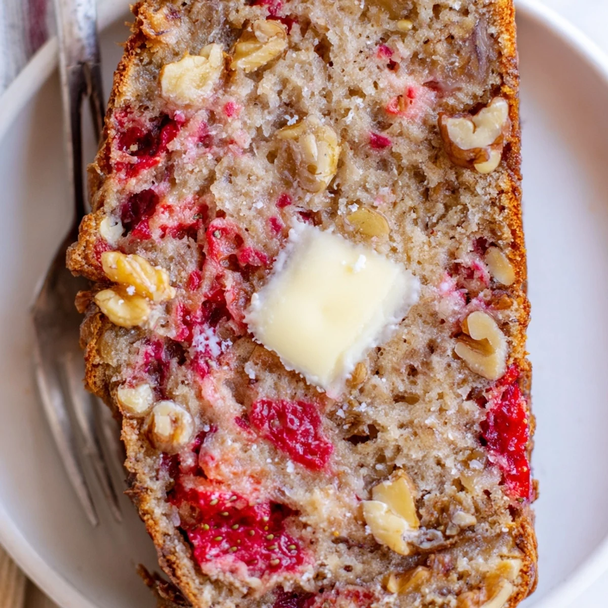Close-up of Strawberry Banana Bread crumb, moist texture, hints of ripe banana