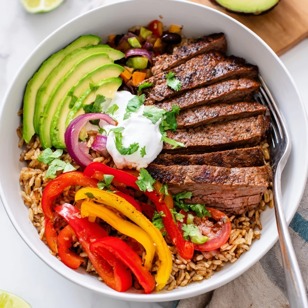 Steak Fajita Power Bowls with sizzling marinated steak, colorful peppers, creamy avocado.