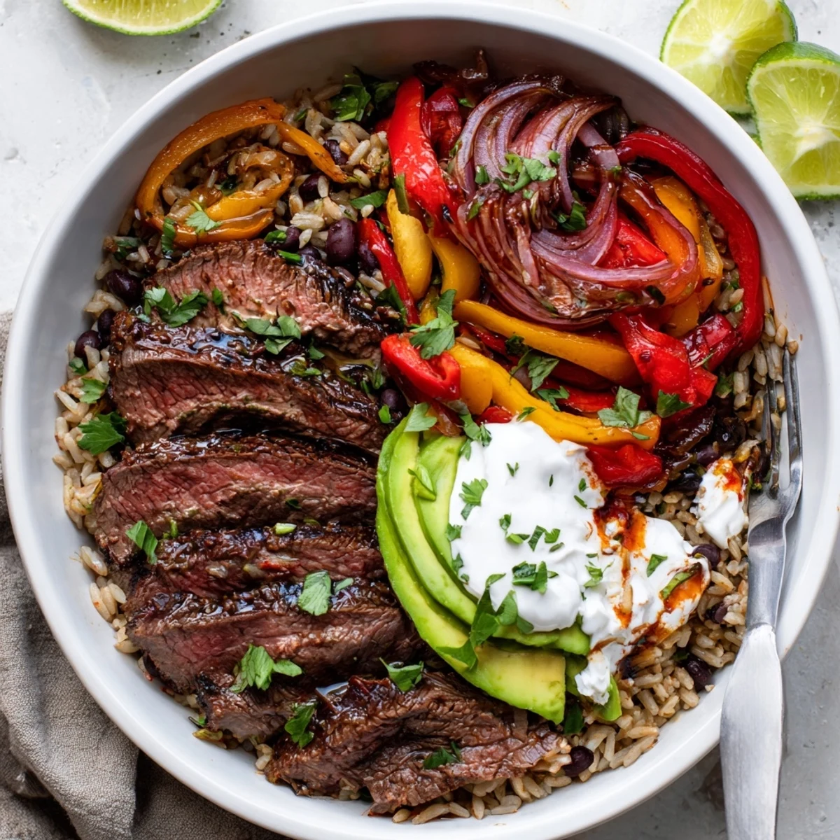 Presented steaming, Steak Fajita Power Bowls topped with melted cheese and cilantro.