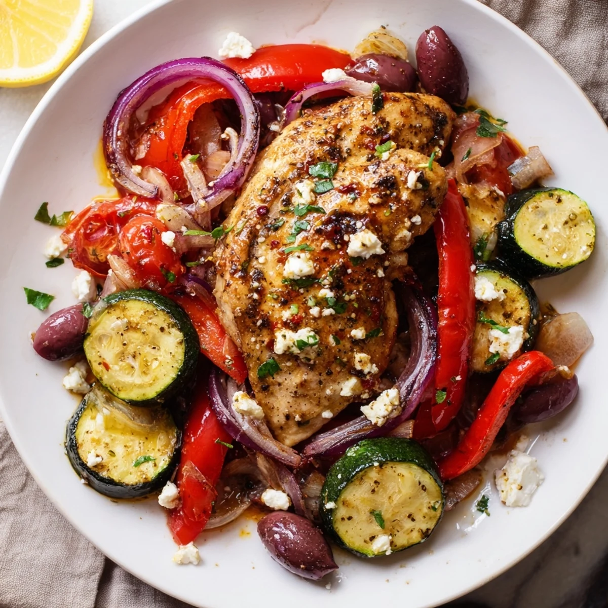 Sheet Pan Mediterranean Chicken Zucchini nestled among charred peppers and tangy feta  
