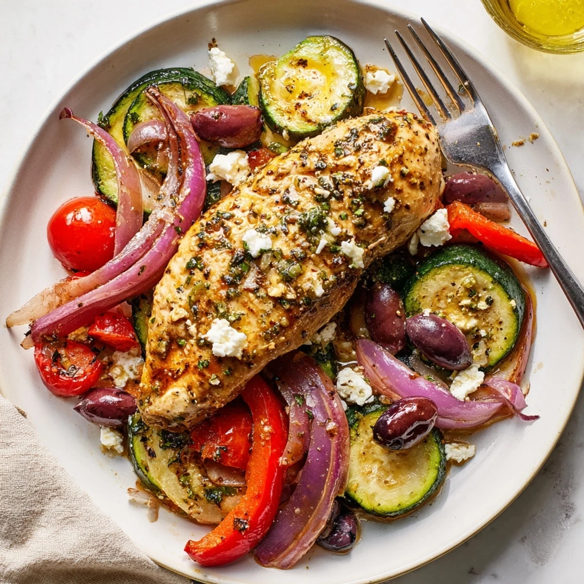 Fragrant lemon-garlic glaze coats Sheet Pan Mediterranean Chicken Zucchini and sizzling vegetables  