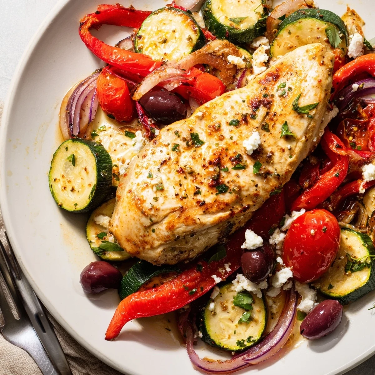 Olive-studded, oven-roasted veggies spooned over hot chicken in Sheet Pan Mediterranean Chicken Zucchini