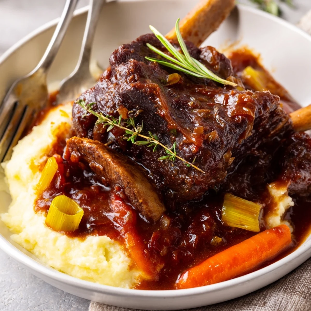 Slow Cooker Beef Short Ribs glistening in rich sauce over mashed potatoes